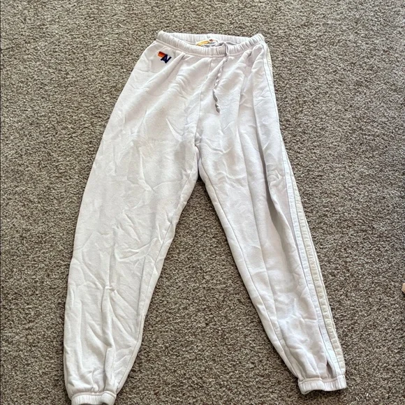 Aviator Nation White Track Joggers with Tan Side Stripes - Picture 2 of 5